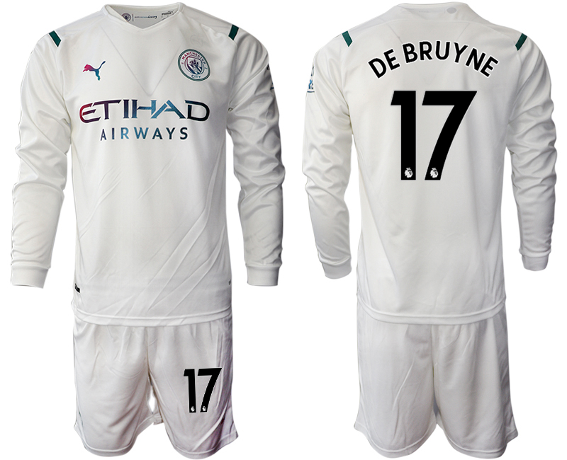 Men 2021-2022 Club Manchester city away white Long Sleeve #17 Soccer Jersey